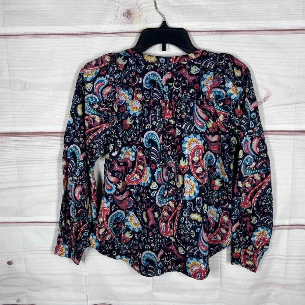 LOFT Paisley Blouse Women PS Blue Multi Lurex Stripe Puff Sleeve Tie Neck Top